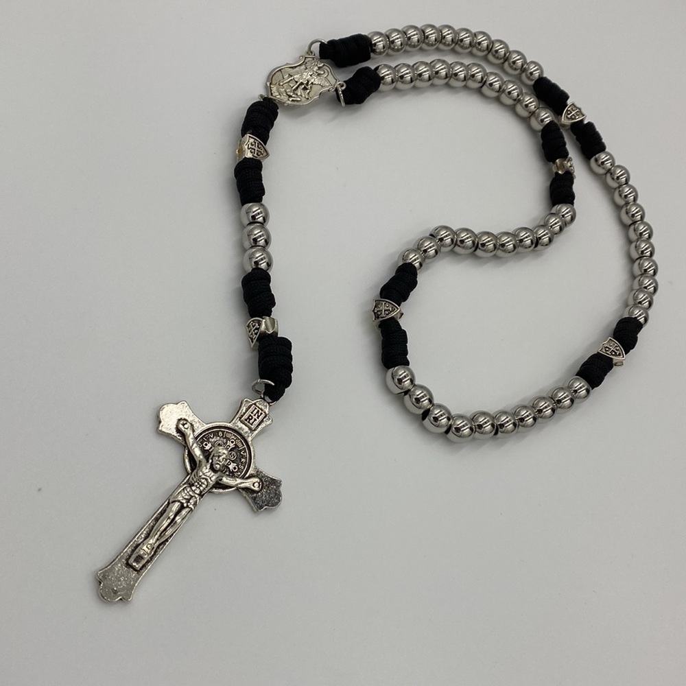 **SOLD** Men’s Heavy Silver Metal and Paracord Steel Rosary Necklace